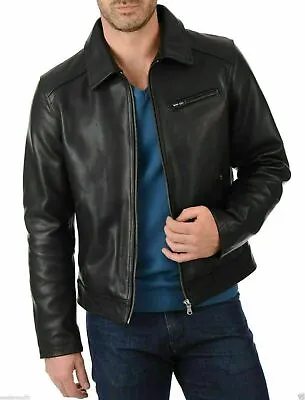 Buy Men's Fashion Plain Simple Collared Cow Leather Jacket Legend Style • 96.07£