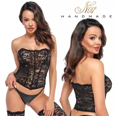 Buy NOIR HANDMADE Black Lace Top Strapless Corset Sexy Sheer Mesh T-shirts For Her • 80.95£