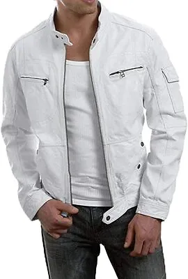 Buy Men's White Leather Jacket Biker Slim Fit Real Lambskin Leather Jacket Coat NF4 • 67.55£