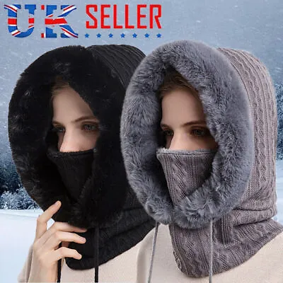 Buy Unisex Winter Hat Scarf Hooded Fur Knitted Neck Warmer Plush Fluffy Beanies NEW • 9.99£