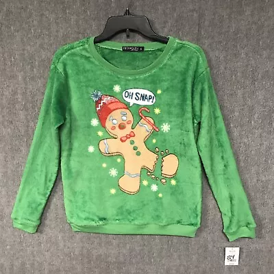 Buy Fifth Christmas Top Womens Small Green Holiday Gingerbread Man Velour Pullover • 14.17£