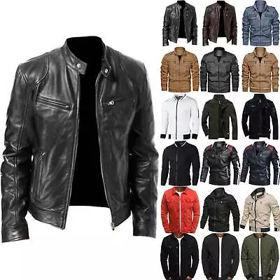 Buy Men PU Leather Jacket Casual Cargo Zip Up Outwear Winter Warm Coat Casual Tops* • 16.51£