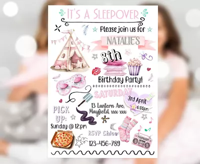 Buy Personalised Sleepover Party Invitation, Girls Pyjama Party Birthday Invite 511 • 3.99£