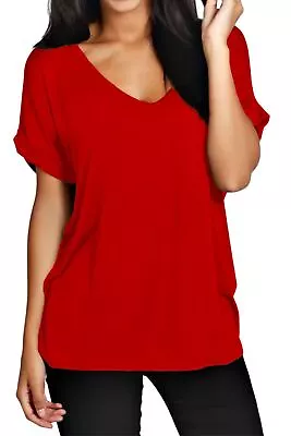 Buy Womens Turn Up Short Sleeve V Neck Oversized Baggy Loose Fit Summer Tees T Shirt • 2.99£