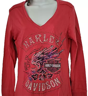 Buy Harley Davidson LS Shirt Red Bling Angel Wing Rose Live To Ride Chest36 Womens M • 23.61£