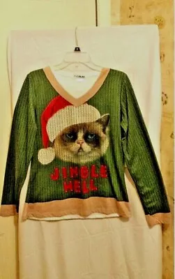 Buy Faux Real Womens Jingle Hell Grumpy Kitty Cat Ugly Sweater Holiday T-Shirt Lg • 26.52£