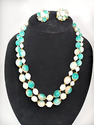 Buy Vintage Costume Jewelry Set 2-Piece Beaded Necklace Earrings Teal Blue White • 22.19£