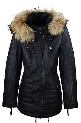 Buy Ladies Real Leather Black Trench Mid Length Hood Raccoon Fur Winter Retro Jacket • 159.99£