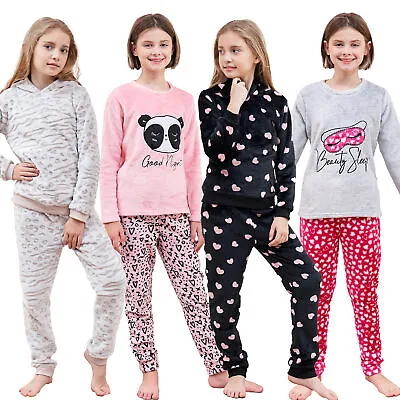 Buy Girls Fleece Pyjamas Supersoft Cosy Set Thick Fleece Hearts Nightwear 4-13 Years • 12.99£