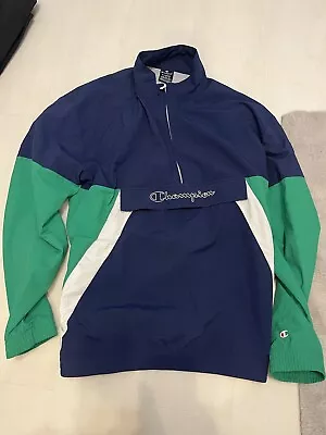 Buy Vintage Champion Jacket Green Navy Blue Mesh Lined Front Pocket XL Excellent Con • 29.99£