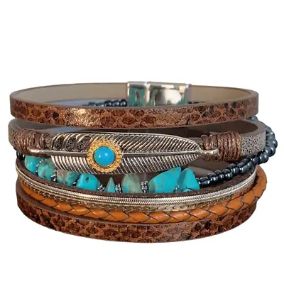 Buy NEW Men’s Multi-layer Cuff Bracelet Vegan Leather Turquoise Boys Unisex Handmade • 34.06£