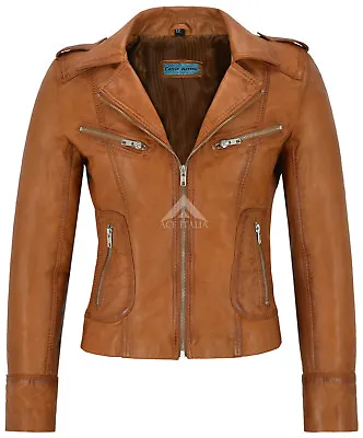 Buy Ladies Real Leather Jacket Tan Napa Biker Motorcycle Style 9823 • 95.80£