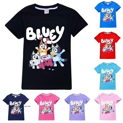 Buy Kids Boys Girls Bingo Bluey Print Summer Beach Short Sleeve Cotton T-shirt Tops • 7.08£