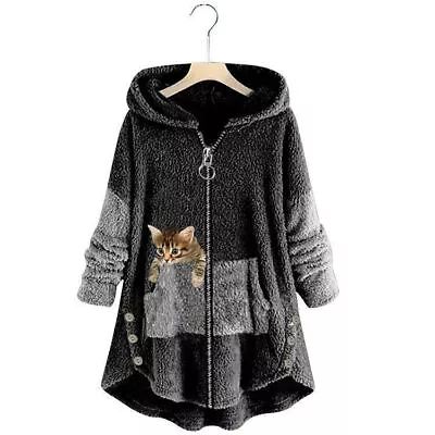 Buy Ladies Winter Fluffy Fur Coats CAT Zip Up Hooded Fleece Jacket Outwear Plus Size • 20.27£