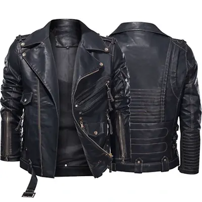 Buy Vintage Genuine Cowhide Leather Jacket/Men Motorcycle Biker Cafe Racer Jacket • 98.99£