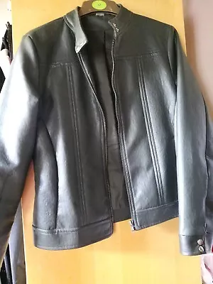 Buy Dark Olive Green Ladies Faux Leather Collorless Zip Up Racer Jacket Size 14 • 5£