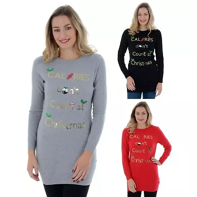 Buy Ladies Christmas Jumper Long Fun Sequins Calories Slogan Womens Grey Black Red • 15.99£