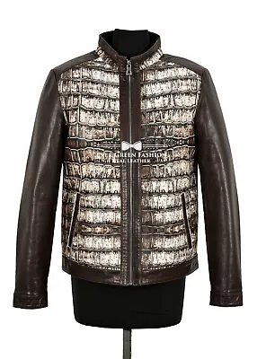 Buy Mens Brown Leather Jacket Front Hair On Hide With Crocodile Print Biker Jacket • 287.09£