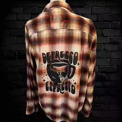 Buy Custom Flannel Shirt - Gothic Coffee Skull Button-Up Brown Plaid Large • 43.42£