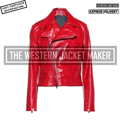 Buy Women Vinyl Crop Biker Jacket Women Patent Motorcycle Jacket Red Latex Jacket • 109.81£