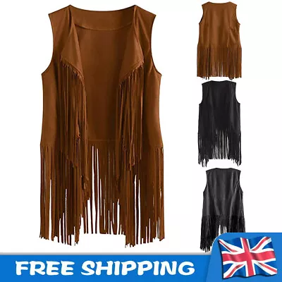 Buy Women Retro 70s Hippie Faux Suede Sleeveless Tassels Fringe Vest Cardigan Jacket • 10.74£