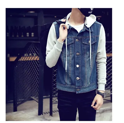 Buy Mens Denim Jacket Mid Blue Wash Pullover Hoodie Sweatshirt Jumper Vintage Jeans • 20.82£