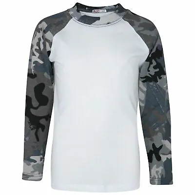 Buy Kids Boys Camo Charcoal T Shirts Plain American Baseball Long Raglan Sleeves Top • 5.99£