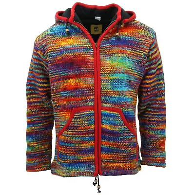 Buy Hand Knitted Wool Hooded Jacket Cardigan Hoodie Nepal Warm Lined Hippie Zip • 69.90£
