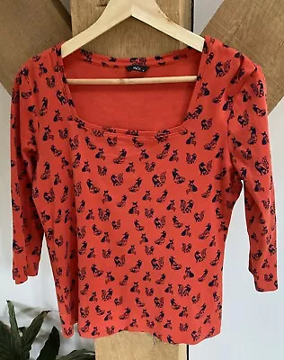 Buy Ladies M&Co T Shirt Top Size 14 Orange Fox Print 3/4 Sleeve Square Neck • 2.99£