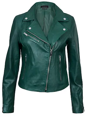 Buy Ladies Leather Jacket Classic Biker Style Green Real Leather Womens Jacket • 84.99£