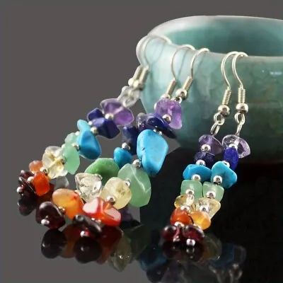 Buy 7 Chakra Gemstone Earrings Crystal Dangly Healing Rainbow Jewellery Anxiety Gift • 2.98£