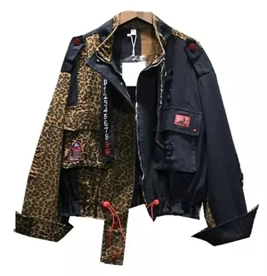 Buy Black Denim Jacket Leopard Print Rock Street  Retro Casual Baseball Coat 10 12 • 46.90£