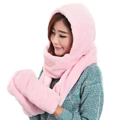 Buy Gloves With Pocket Fluffy Hood Scarf Earflap Hat Winter Warm Women Ladies TO • 11.04£