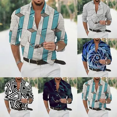 Buy Fashionable Mens Lapel Button Down Printed Slim Fit Shirts Long Sleeve Tops • 20.88£