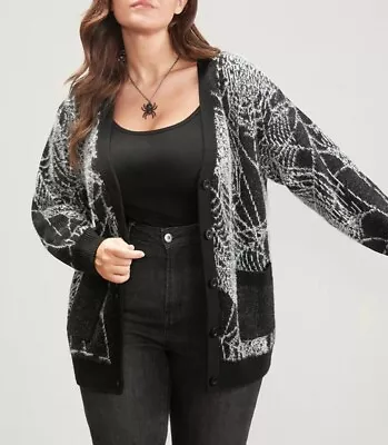 Buy Bloomchic 18 20 2X Spider Web Plush Knit Pocket Button BLACK Cardigan Sweater • 25.94£