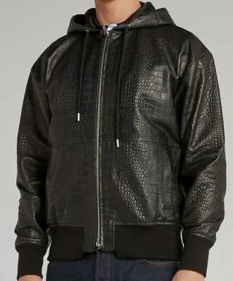 Buy Luxury Men's Black Crocodile Embossed Bomber Hooded Leather Causal Coat Jacket • 152.92£