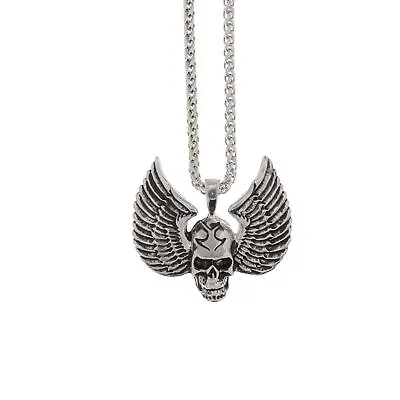 Buy Zac's Alter Ego Alternative Jewellery Antique Silver Winged Skull Chain Necklace • 14.69£