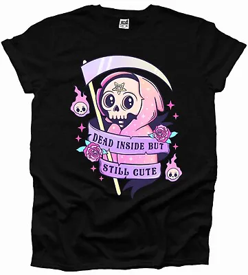 Buy Dead Inside But Still Cute Skull Skeleton Gothic Emo Cute Halloween Tshirt UK • 12.99£