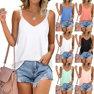Buy Womens V Neck Tank Tops Loose Cami Vest Sleeveless T Shirt Blouse Plus Size 8-22 • 4.80£