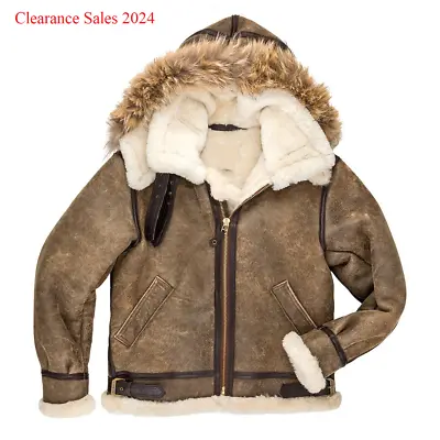 Buy Mens Khaki Army WW11 Hooded Real B3 Leather Sheepskin Bomber Fur Leather Jacket • 84.11£