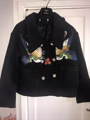 Buy Black Bird Embroidery Designer Jacket  Coat Size  12-14 Unusual Unique Bouclé • 44.95£