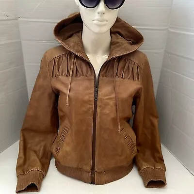 Buy Womens Brown Leather BOMBER JACKET With Hood Zip Up-Lakeland-Size UK 12 • 39£