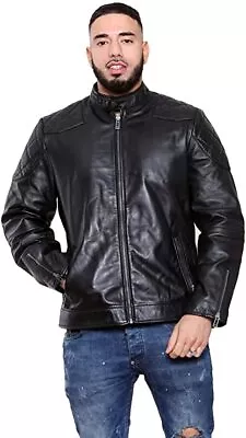 Buy Men Real Leather Jacket Quilted Shoulders Retro Biker Gents Jacket Zipped Pocket • 93.99£