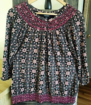 Buy Lucky Brand XL Boho Peasant Blouse Top Shirt Modal Cotton Stitched Neck Bottom • 17.01£