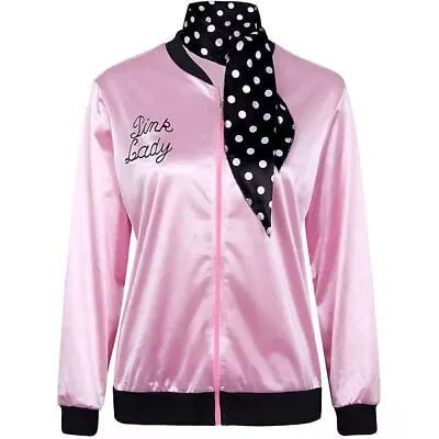 Buy Women Ladies Zip-Up Satin Pink Grease Party Jacket Loose Party Blazer Outwear. • 12.23£