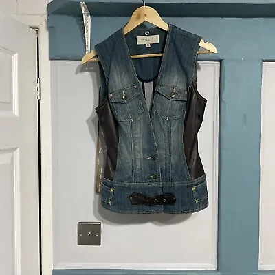 Buy Karen Millen Fitted Denim / Leather Waistcoat Mid Blue / Pockets ￼/ Size 8 • 19.99£