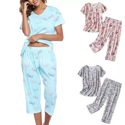 Buy Ladies Capri Pyjama Set Print V Neck Tops Cropped Pants PJs Loungewear Plus Size • 14.39£