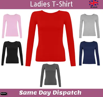 Buy Ladies Plain Tshirt Womans Long Sleeve Scoop Neck T Shirt Top Plus Size Uk 8-22 • 4.99£