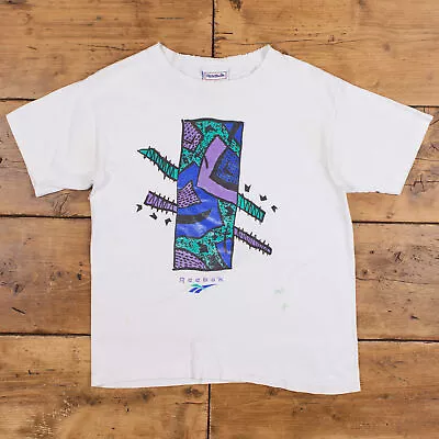 Buy Vintage Reebok Single Stitch T Shirt Graphic M 80s USA Made Abstract White Tee • 22.99£