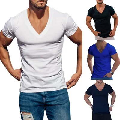 Buy Mens V-Neck Sold T Shirts Short Sleeve Muscle Slim Fit Summer Sport Gym Tee Tops • 9.09£